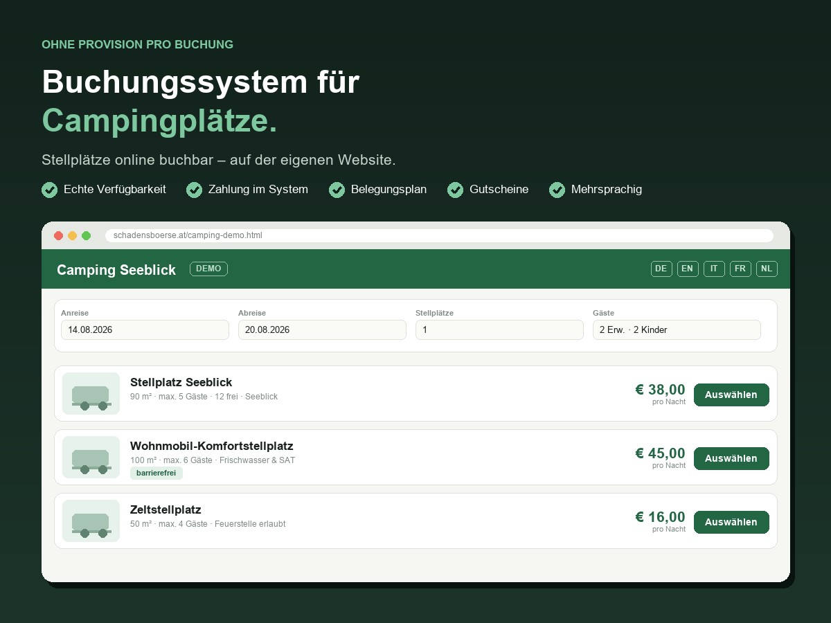 Buchungssystem für Campingplätze – provisionsfrei, kostenlose Demo