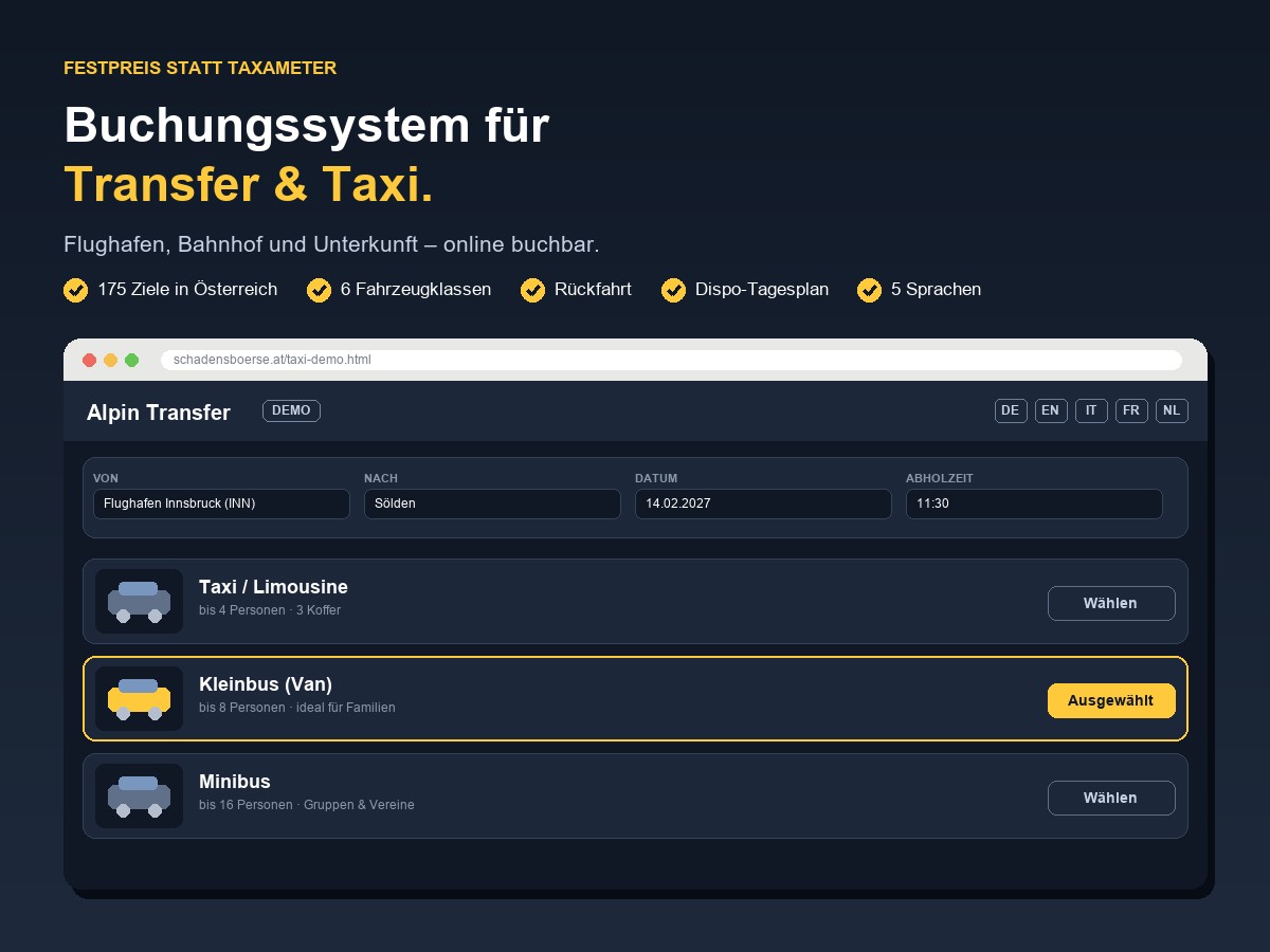 Buchungssystem für Transfer & Taxi – Festpreis, kostenlose Demo